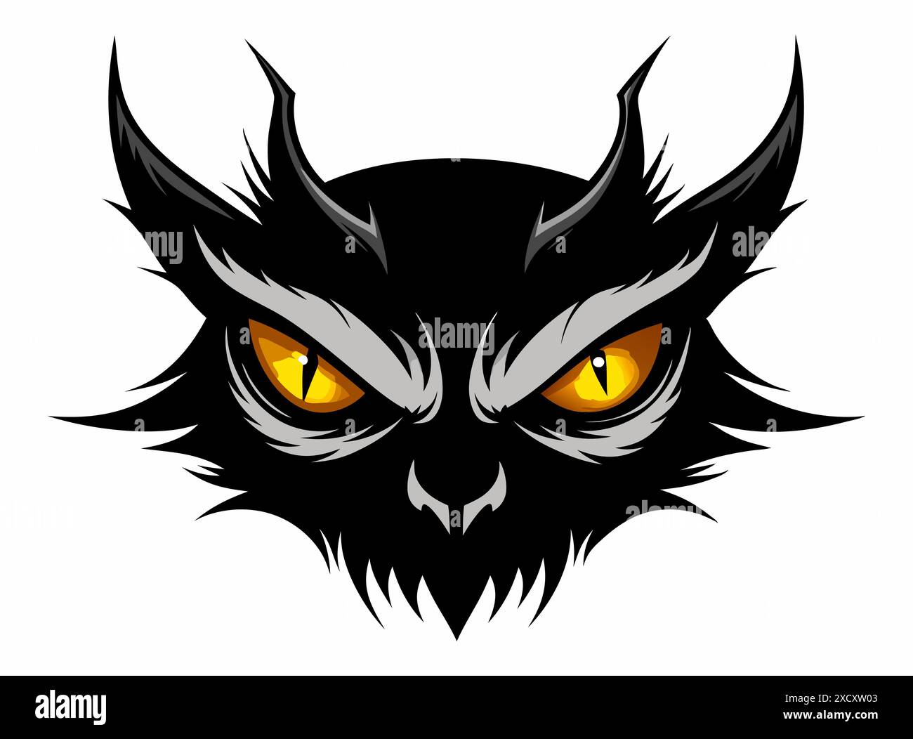 Yeux du diable jaune et noir avec des flammes dans un design graphique. Yeux ardents de démon. Halloween, mal, fantaisie, monstre, enfer, concept effrayant. Isolé sur Illustration de Vecteur