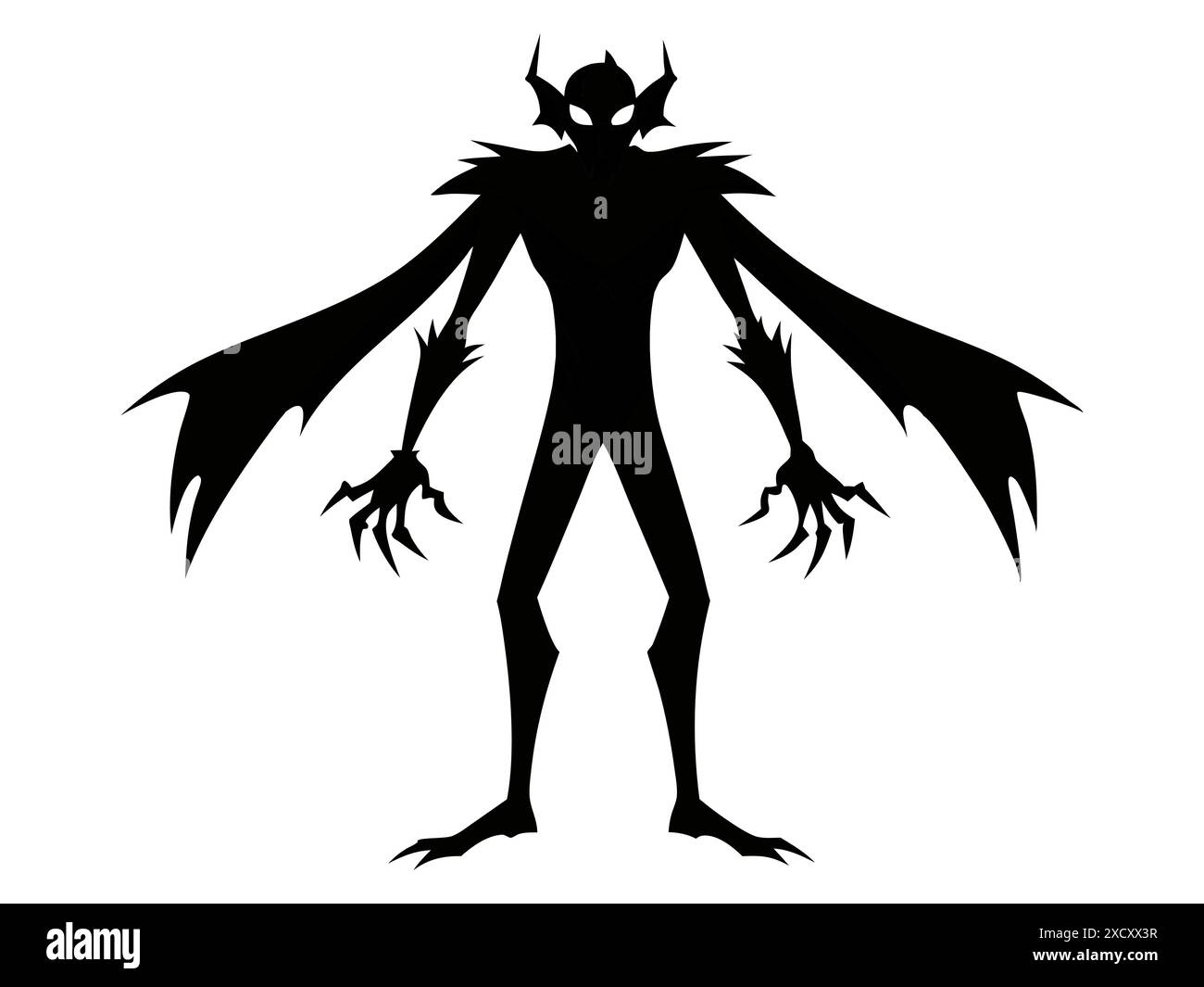 Silhouette noire d'un monstre avec des ailes isolées sur un fond blanc. Concept de créature, être mythique, style minimaliste, icône effrayante d'Halloween. Illustration de Vecteur
