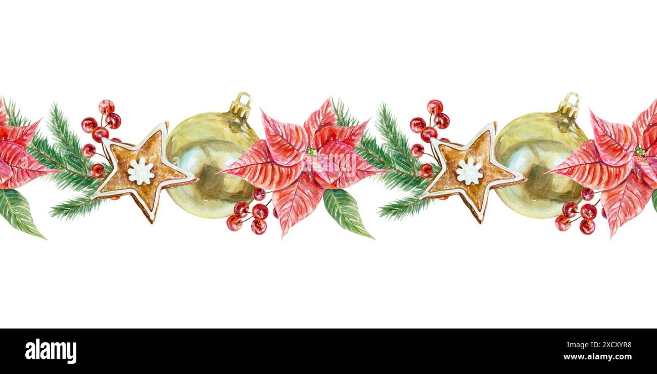 Poinsettia, boule dorée de Noël, biscuits au gingembre, branches de sapin, baies. Bordure transparente. Illustration d'aquarelle dessinée à la main isolée sur blanc. Pour N Banque D'Images