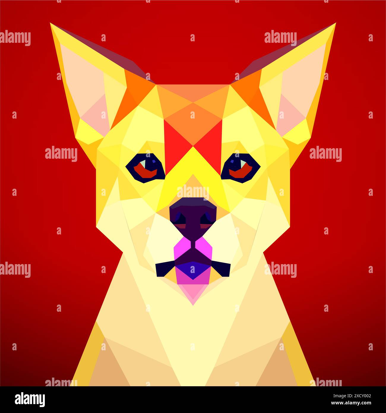 Chien sur fond rouge. Art vectoriel, sots art, low poly, cubo-futurisme, autocollant, avatar de dessin animé, logo animal, design surréaliste Illustration de Vecteur