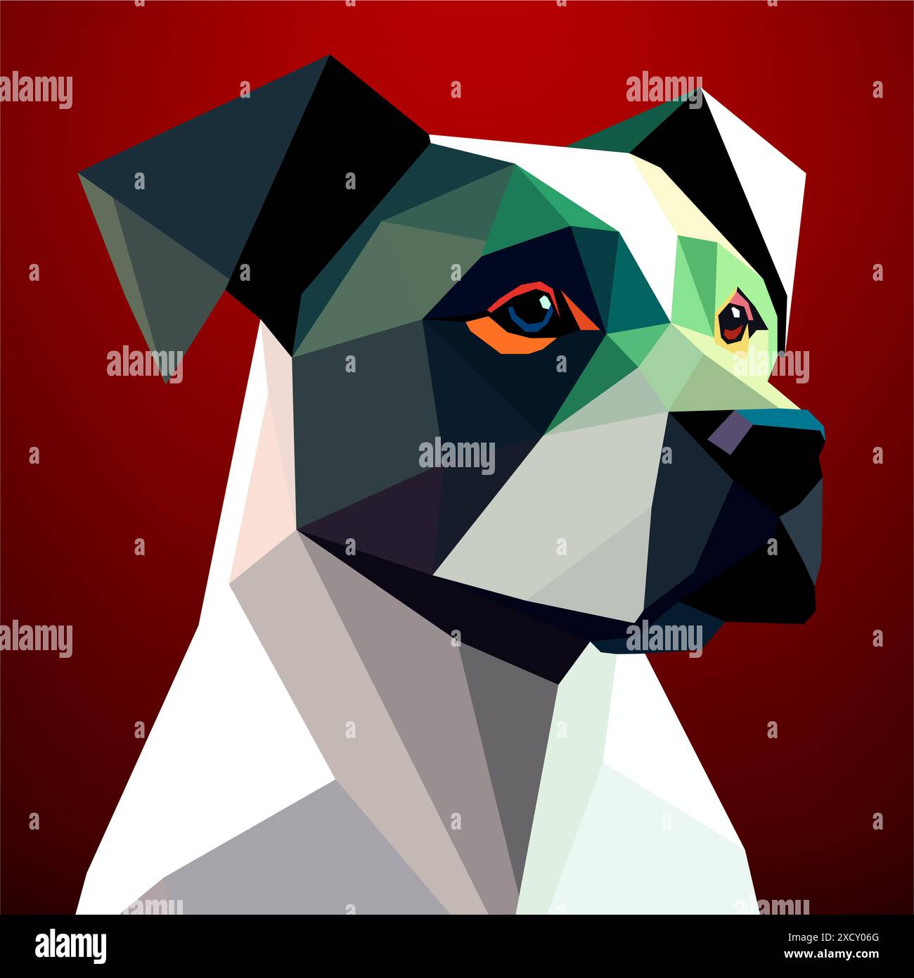 Tête de chien un style polygonal bas sur un fond rouge avec un design géométrique noir et blanc. Art vectoriel, sots art, low poly, cubo-futurisme, autocollant Illustration de Vecteur
