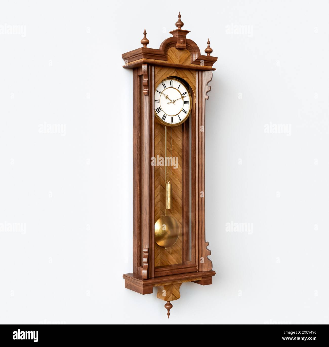 Une horloge de grand-père antique fixée au mur en bois avec des chiffres romains et une porte en verre sur un fond de surface blanche - rendu 3D. Banque D'Images