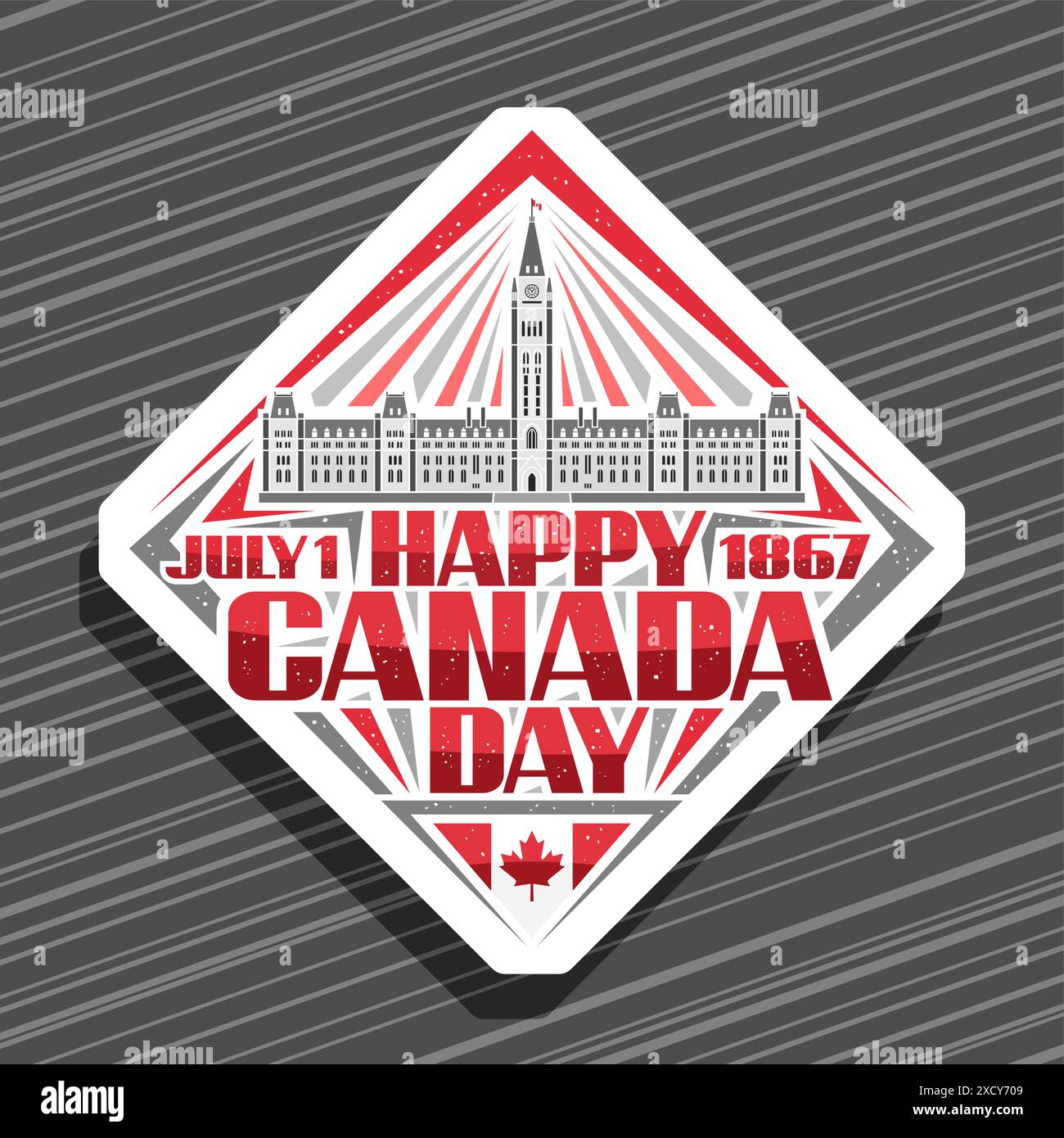 Logo vectoriel pour la fête du Canada, étiquette décorative en papier coupé avec illustration de la colline du Parlement à Ottawa, drapeau canadien et lettres rouges uniques pour le texte j Illustration de Vecteur