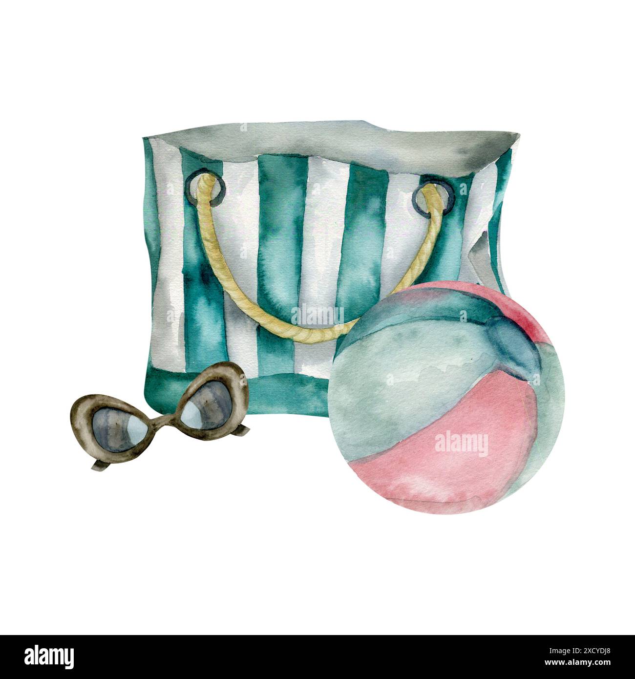Sac de plage rayé pour femmes d'été avec lunettes de soleil noires et illustration colorée d'aquarelle de boule rétro. Composition de vacances chaude dessinée à la main, se tropicale Banque D'Images