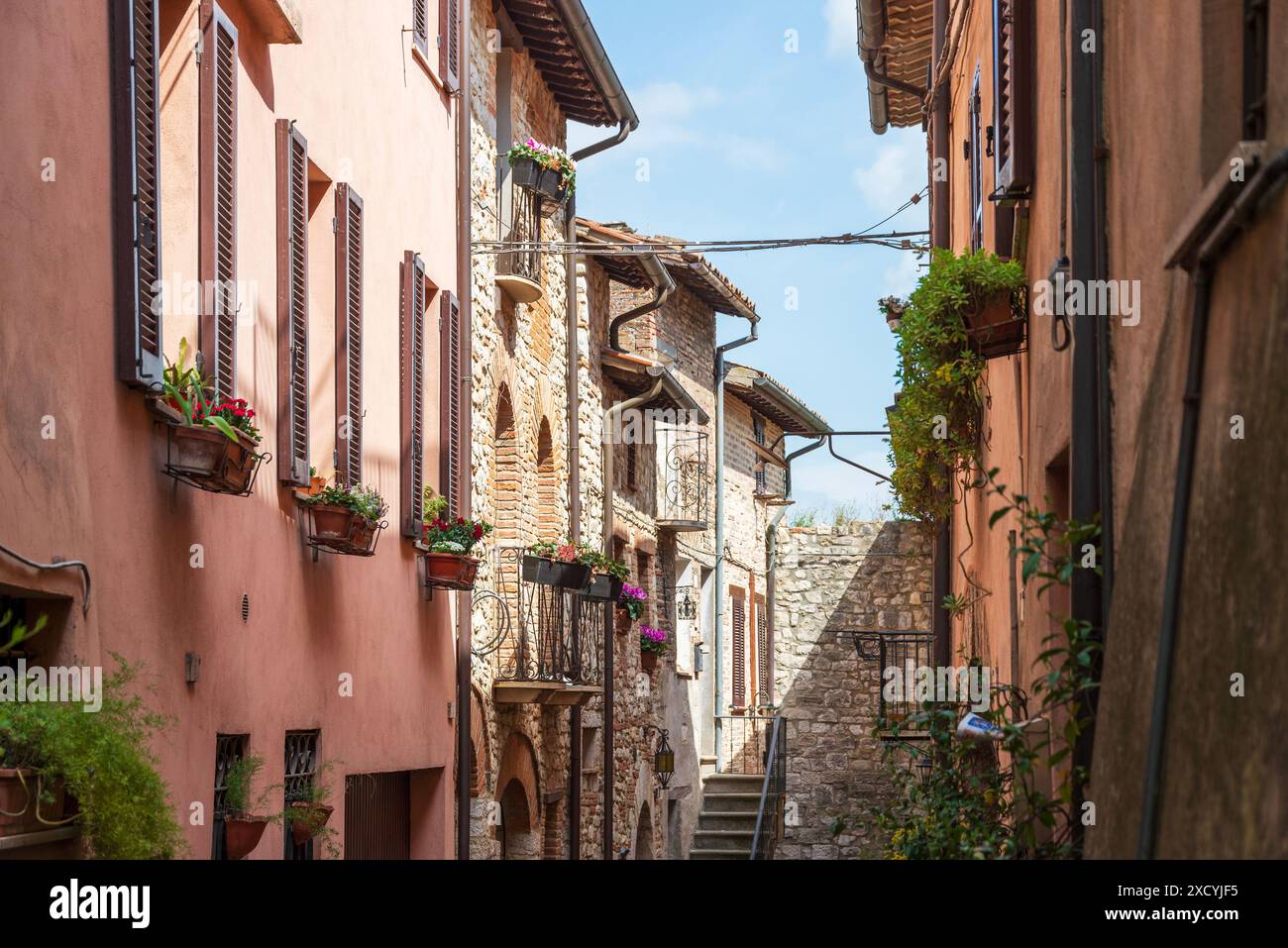 Vue le long d'une rue résidentielle traditionnelle à Todi, Pérouse, Italie Banque D'Images