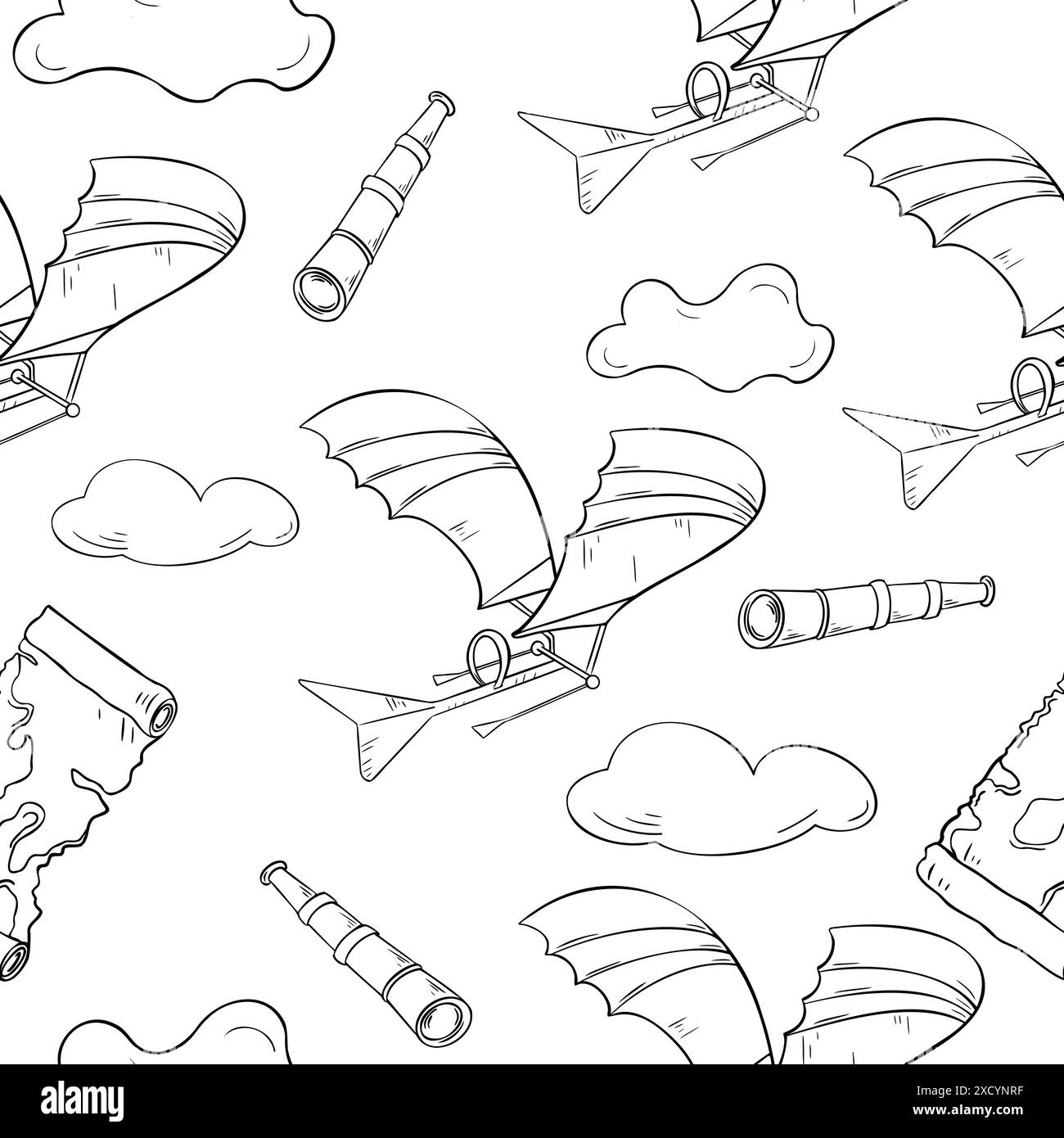 Contour d'avion noir blanc sur motif sans soudure vectoriel isolé. Fond sans fin avec monochrome Airplane da Vinci silhouette encre dessinée à la main Illustration de Vecteur