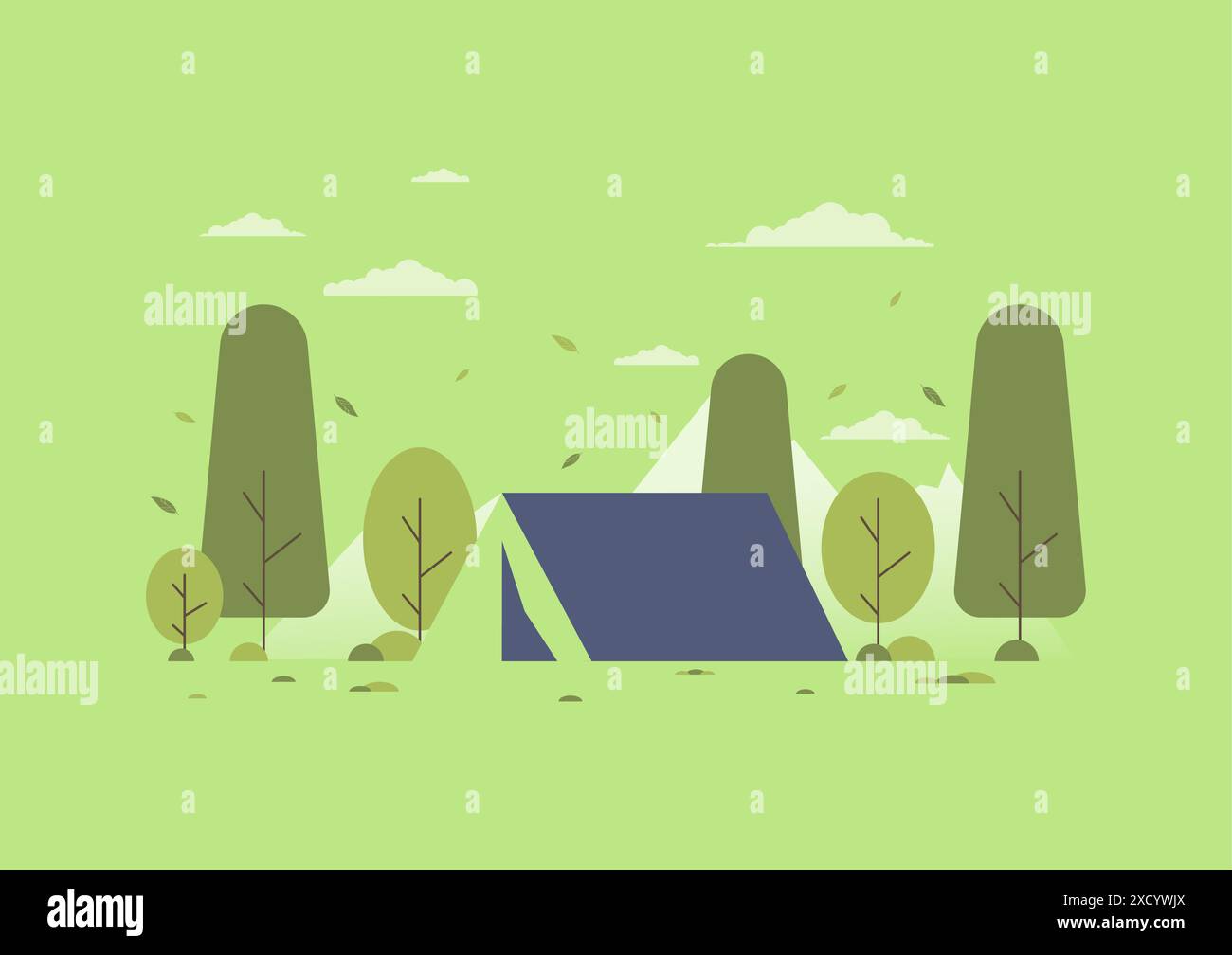 Illustration de paysage de camping de jour ensoleillé dans un style plat. Tente dans la vallée de la forêt aventure estivale. Fond pour camp d'été, tourisme de nature, camping ou Illustration de Vecteur