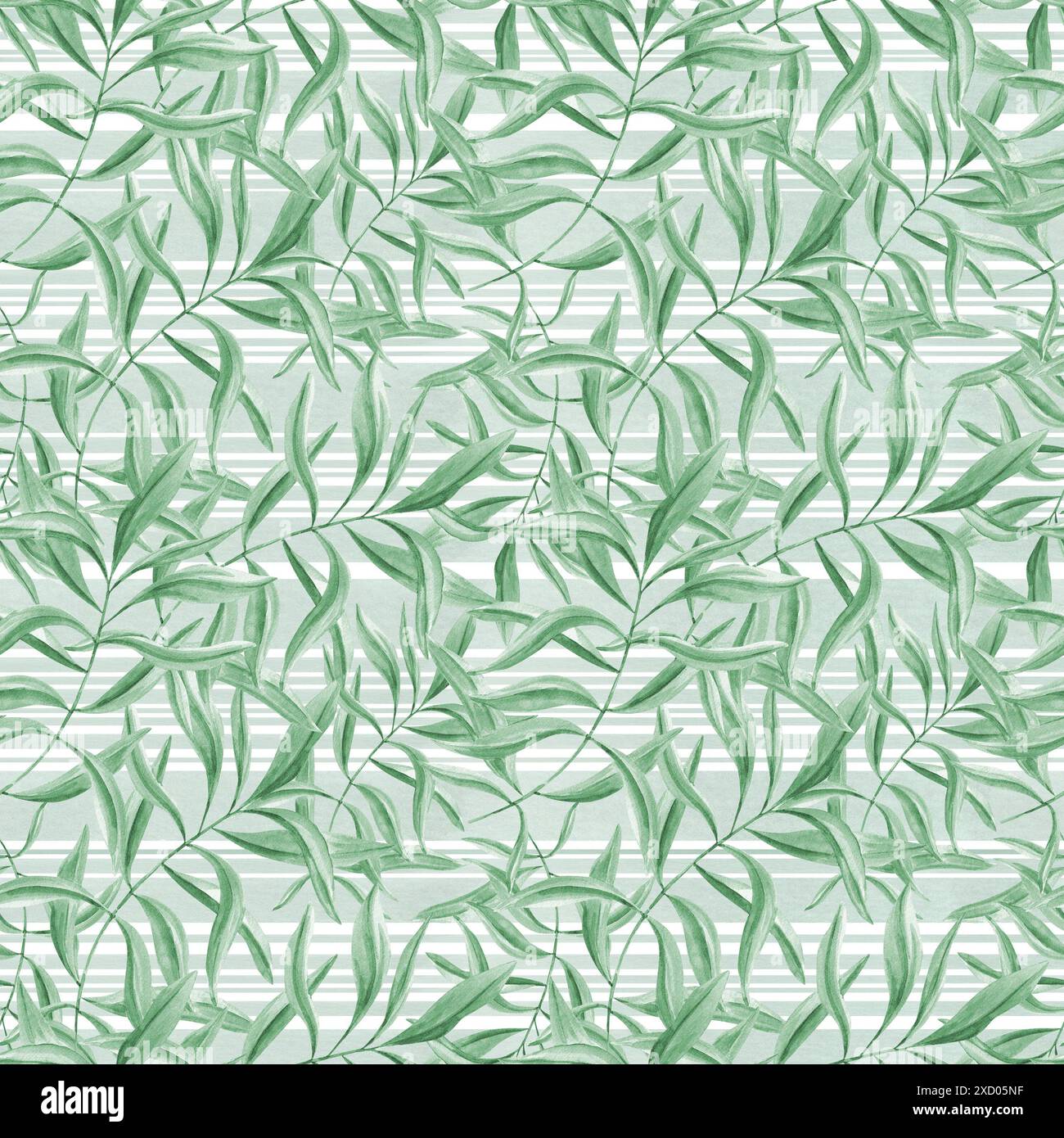 Feuilles tropicales sur fond vert rayé. Branches de laurier vert. Motif sans couture de feuilles d'olivier. Feuillage réaliste Ivy. Illustration aquarelle Banque D'Images