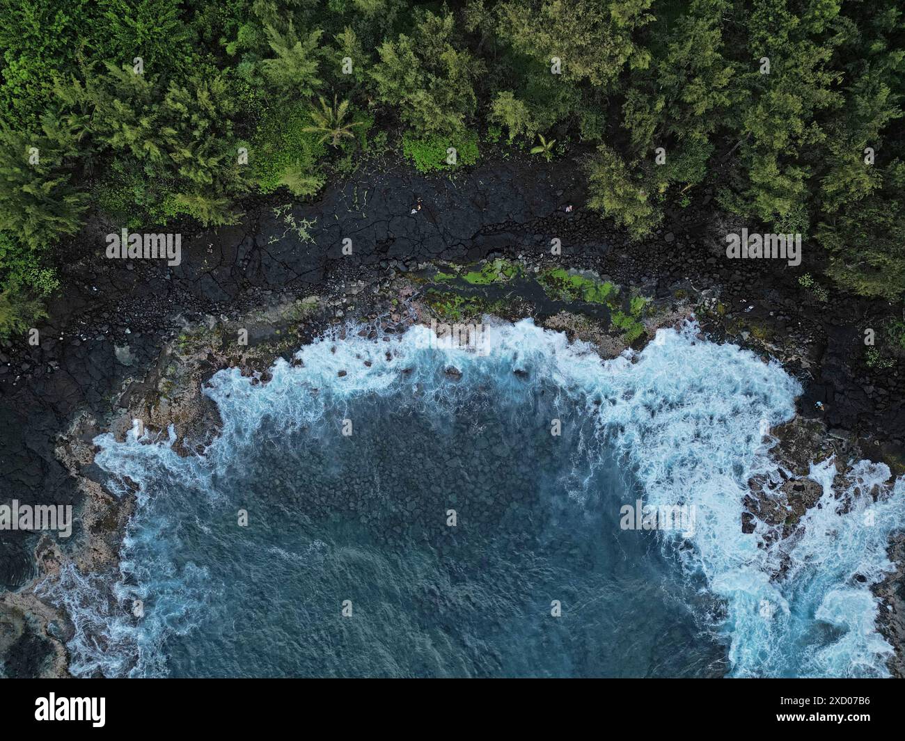 L'eau turquoise se brise sur le rivage dans une petite baie est montrée d'une vue de dessus, à côté de roche de lave noire et d'arbres verdoyants et luxuriants. Banque D'Images
