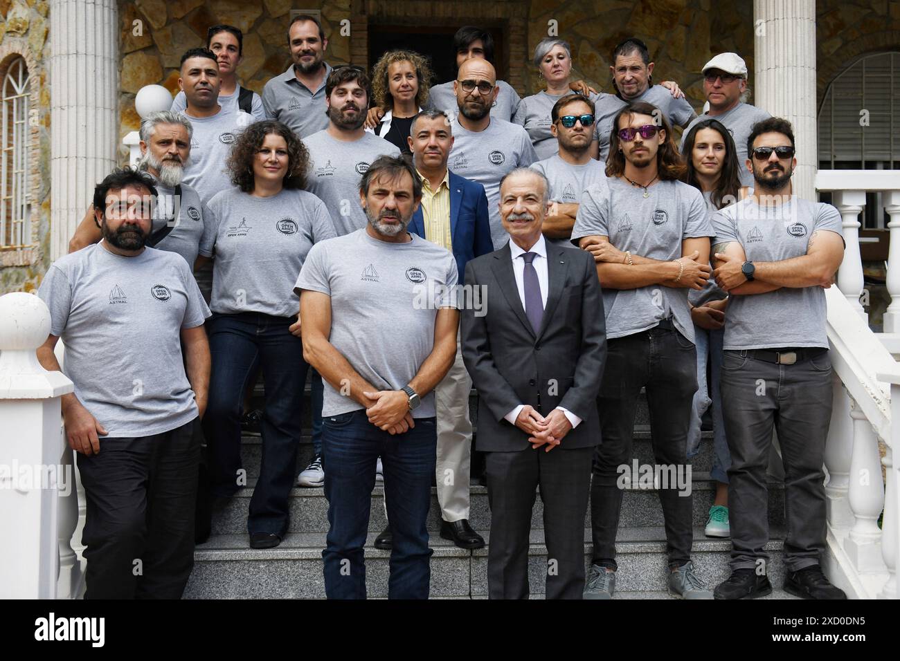 The founder and director of Open Arms, Óscar Camps (3l) and the Ambassador of Palestine in Spain Mr. Husni Abdel Wahed (3r), pose on their arrival to an act of recognition by the Embassy of Palestine in Spain to the humanitarian work of Open Arms in Gaza, on June 19, 2024, in Madrid (Spain). During the ceremony a special tribute was paid to the crew of the Open Arms ship that took part in the opening of a humanitarian maritime corridor to Gaza. The mission was carried out in March and April of this year, in collaboration with World Central Kitchen (WCK). The operation was abruptly interrupted  Banque D'Images