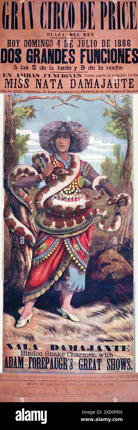 Gran Circo de Price, Miss Nata Damajaute, Hindoo Snake charmer, 1886. - Affiche imprimée vintage Banque D'Images