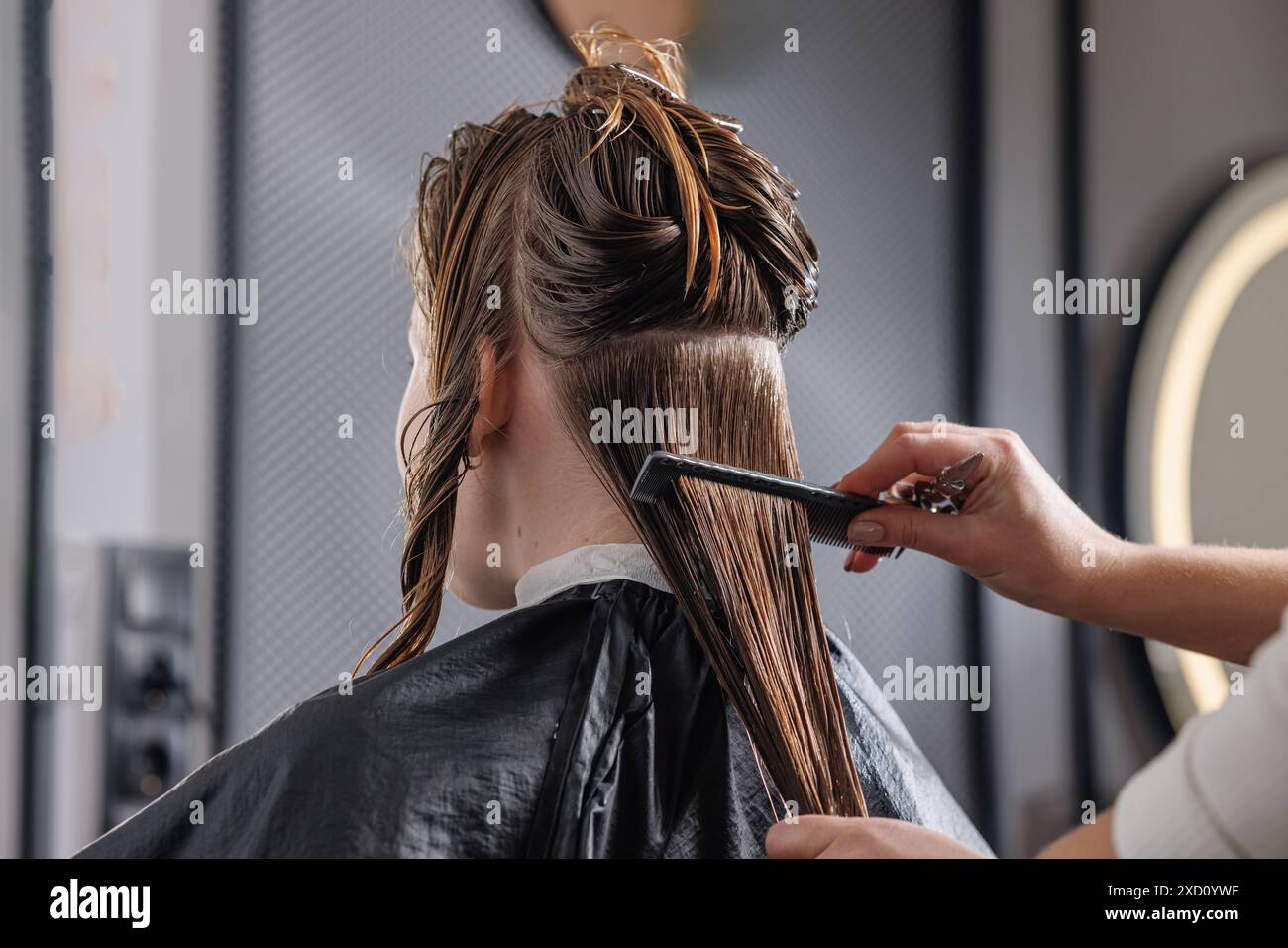maître de beauté peignant les cheveux mouillés du client dans le salon de beauté close-up, concept d'auto-soins, soins capillaires professionnels Banque D'Images