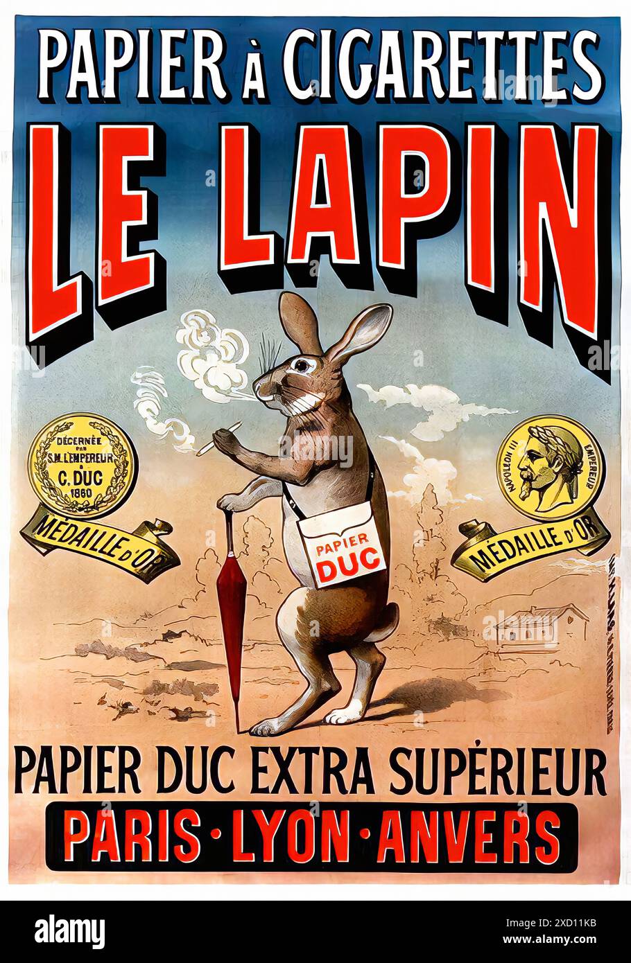 Papier à cigarettes. Le lapin. Papier duc extra supérieur. Paris. Lyon. Anvers, 1890. - Affiche imprimée vintage Banque D'Images