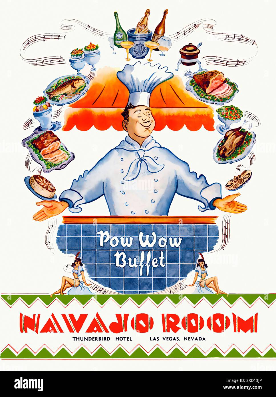 Pow-Wow buffet, Navajo Room, Thunderbird Hotel, Las Vegas, années 1950 - Affiche d'impression publicitaire vintage Banque D'Images