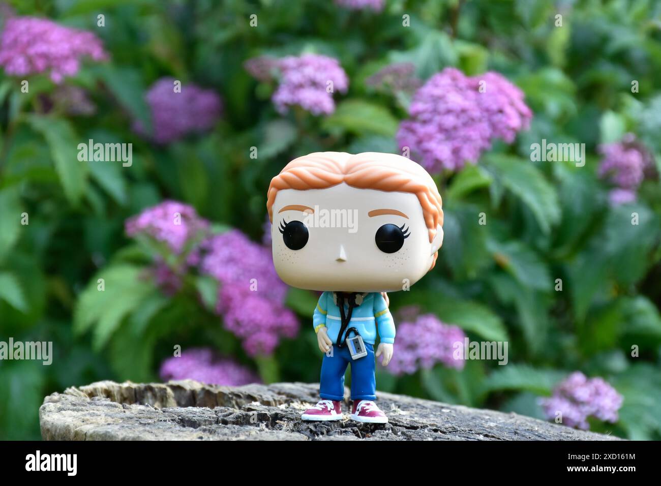 Funko Pop figurine d'action de Max Mayfield avec lecteur de cassette de la série télévisée d'horreur populaire Stranger Things. Fleurs roses, forêt, endroit mystérieux. Banque D'Images