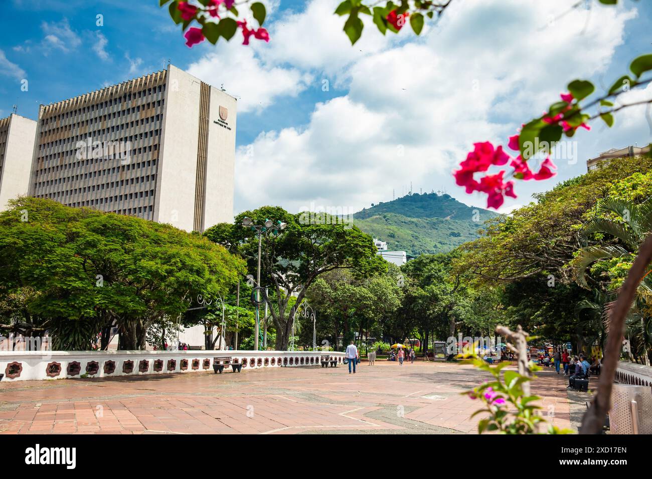 Cali, Colombie - 17 juin 2024 : vue sur la place Paseo Bolivar et le bâtiment Cali Mayors depuis le pont historique d'Ortiz par une belle journée ensoleillée Banque D'Images