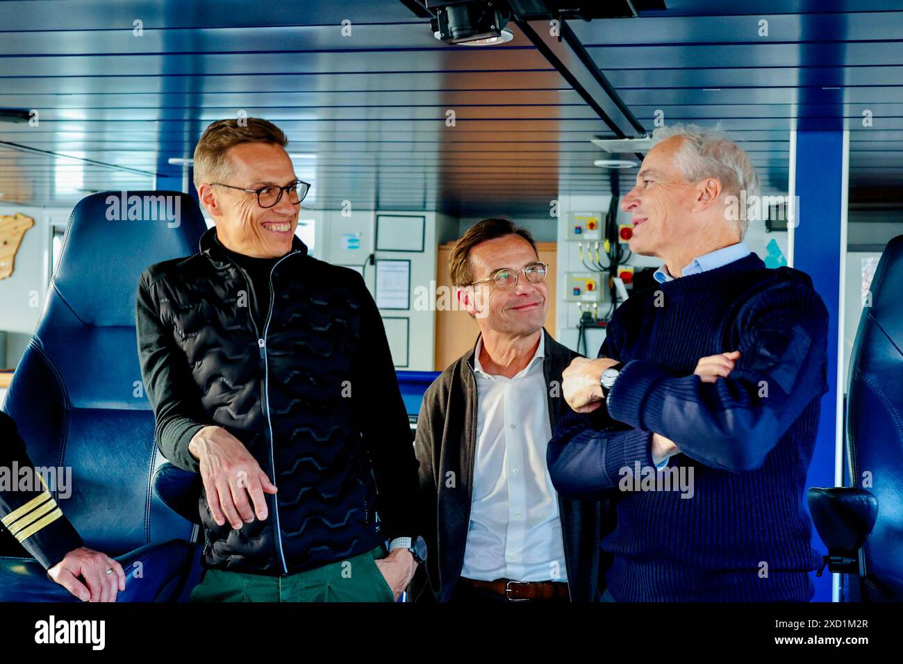 Bodo 20240619. Le premier ministre norvégien Jonas Gahr Store, le premier ministre suédois Ulf Kristersson et le président finlandais Alexander Stubb sur le navire des garde-côtes KV Svalbard à Bodo. Photo : Jan Langhaug / NTB Banque D'Images