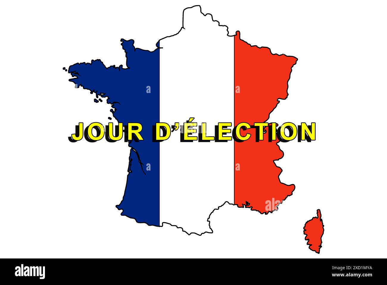 Élections législatives en France, convoquées par le président Emmanuel Macron. silhouette de la france et texte du drapeau français sur fond neutre. Graphic illus Banque D'Images