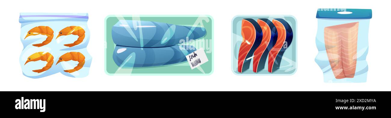 Paquets de fruits de mer ensemble isolé sur fond blanc. Illustration vectorielle de dessins animés de crevettes, filets de poisson, steaks de saumon et de truite emballés dans des boîtes en plastique et des sacs en polyéthylène, nourriture gastronomique, design de magasin Illustration de Vecteur