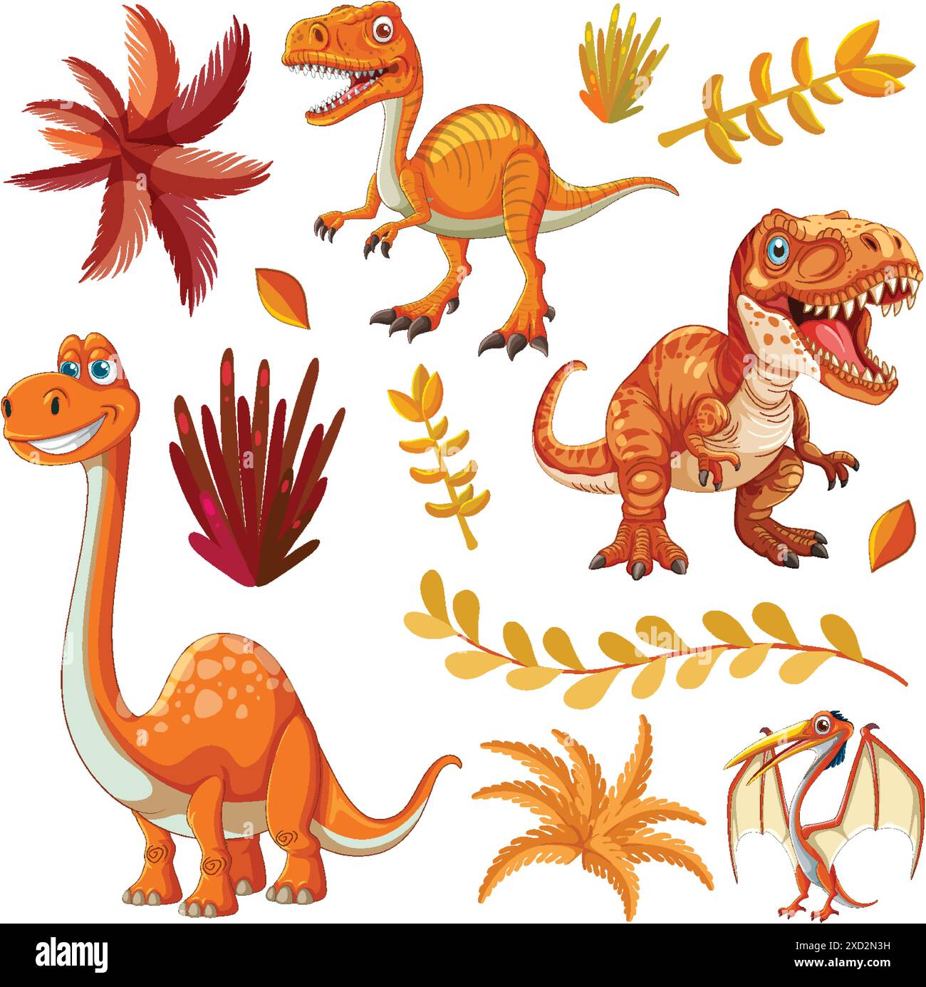 Divers dinosaures avec des plantes et des feuilles Illustration de Vecteur