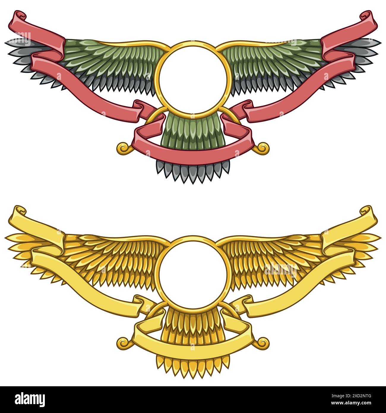 Conception vectorielle du symbole Faravahar, symbole de la religion zoroastrienne, disque solaire ailé entouré de ruban Illustration de Vecteur