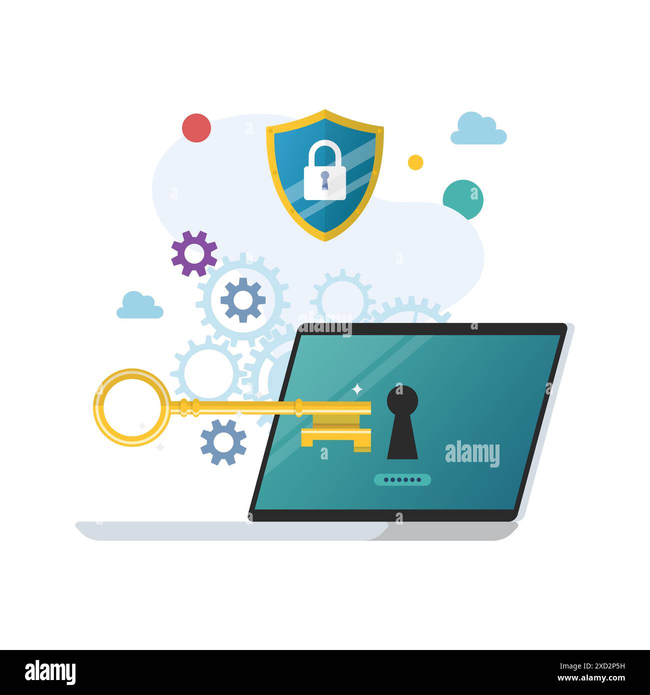 Clé d'or essayez de déverrouiller l'ordinateur portable avec le fond d'équipement mécanique. Protection antivirus. Illustration vectorielle Illustration de Vecteur