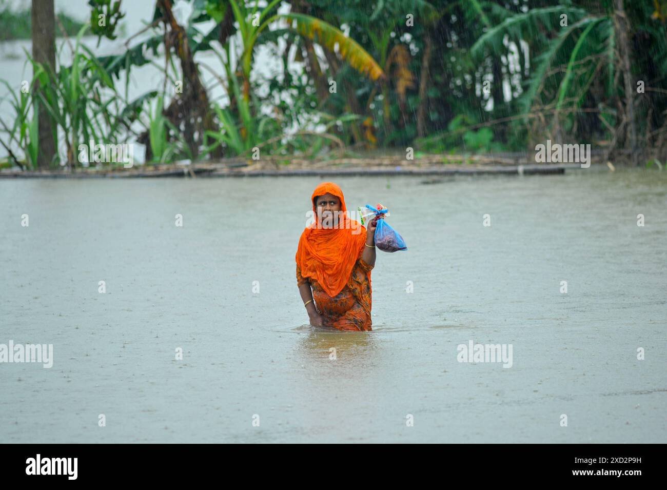 La situation d'inondation s'aggrave à Sylhet Une femme navigue à travers l'eau profonde de la taille dans la région ronikhai. La plupart des upazilas de Sylhet ont été submergés par les pluies continues et les glissements de terrain des trois derniers jours. Le 18 juin 2024 à Sylhet, Bangladesh. Sylhet Sylhet Bangladesh Copyright : xMdxRafayatxHaquexKhanx Banque D'Images