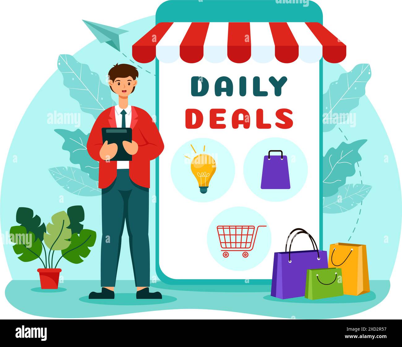 Daily Deals illustration vectorielle présentant des articles d'achat et la chasse aux rabais sur un fond de dessin animé plat Illustration de Vecteur