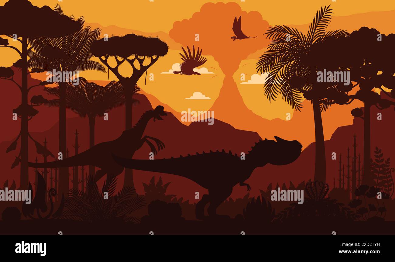 Silhouettes de dinosaures préhistoriques sur le paysage de coucher de soleil. Scène vectorielle à couper le souffle avec d'anciens oiseaux volants, ombres oviraptor et allosaurus errent au crépuscule vif en toile de fond avec une végétation luxuriante de la jungle Illustration de Vecteur