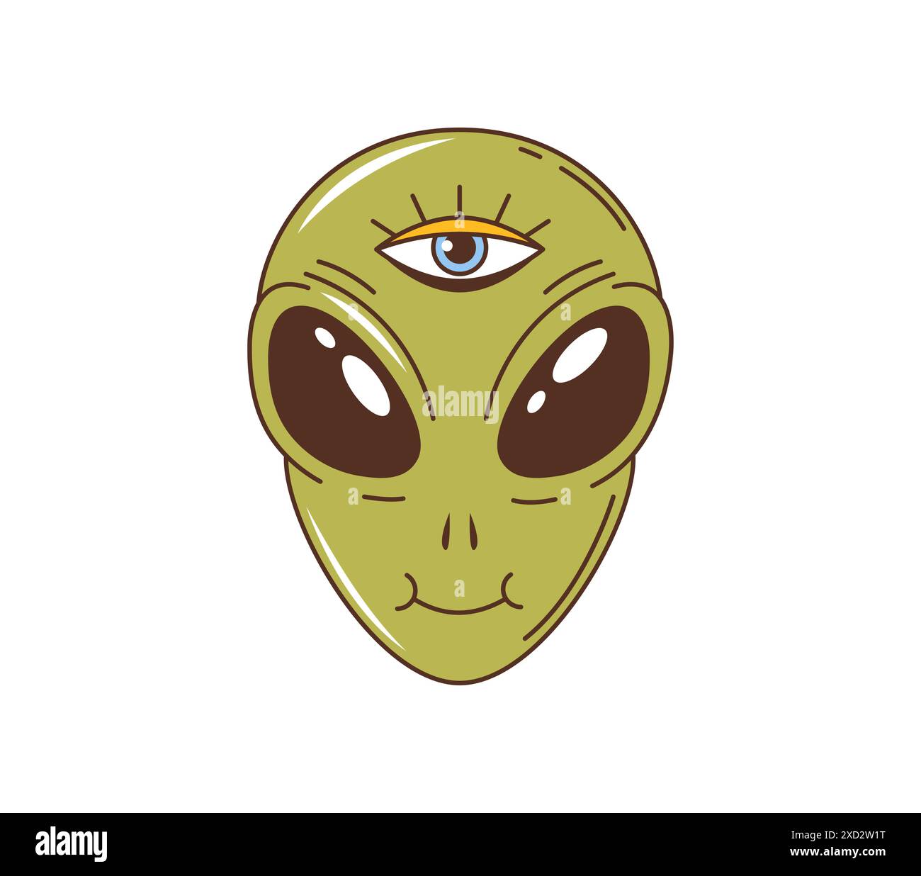 Visage ou tête de personnage d'espace extra-terrestre rétro groovy avec un seul œil centré, des yeux sombres surdimensionnés et un sourire ludique. Extraterrestre et personnage amical de vecteur de bande dessinée isolé avec la peau verte Illustration de Vecteur