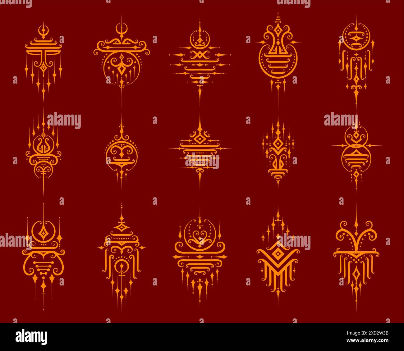 Symboles thaïlandais orientaux sacrés. Ensemble vectoriel de talismans thaïlandais dans des teintes dorées, reflétant la culture thaïlandaise relative à la spiritualité, la royauté ou les récits historiques. Signes ou tatouages hindous ou bouddhistes Illustration de Vecteur