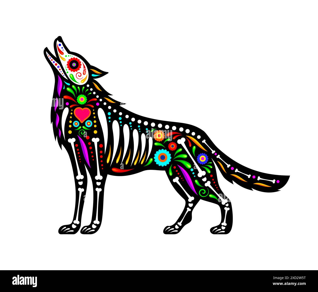 Tatouage animal coyote mexicain, jour du crâne de sucre mort. Loup sauvage de hurlement de vecteur isolé ou figure d'animal coyote avec des motifs traditionnels colorés et des os de squelette, célébrant la fête de la mort mexicaine Illustration de Vecteur