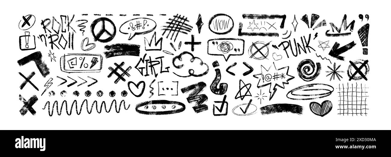 Symboles punk au charbon de bois grafitti. Étoiles de crayon de doodle dessinées à la main, couronne, lignes bouclées. Bulles de parole de charbon noir avec des mots de serment, des insultes ou des malédictions. Craie crayon abstrait gribouillages, griffons, coches Illustration de Vecteur