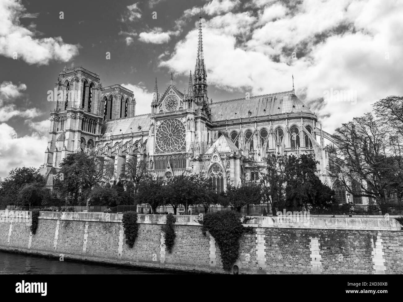 Noir et blanc, Cathédrale notre-Dame sur l'Ile de la Cité au coeur de Paris, France Banque D'Images
