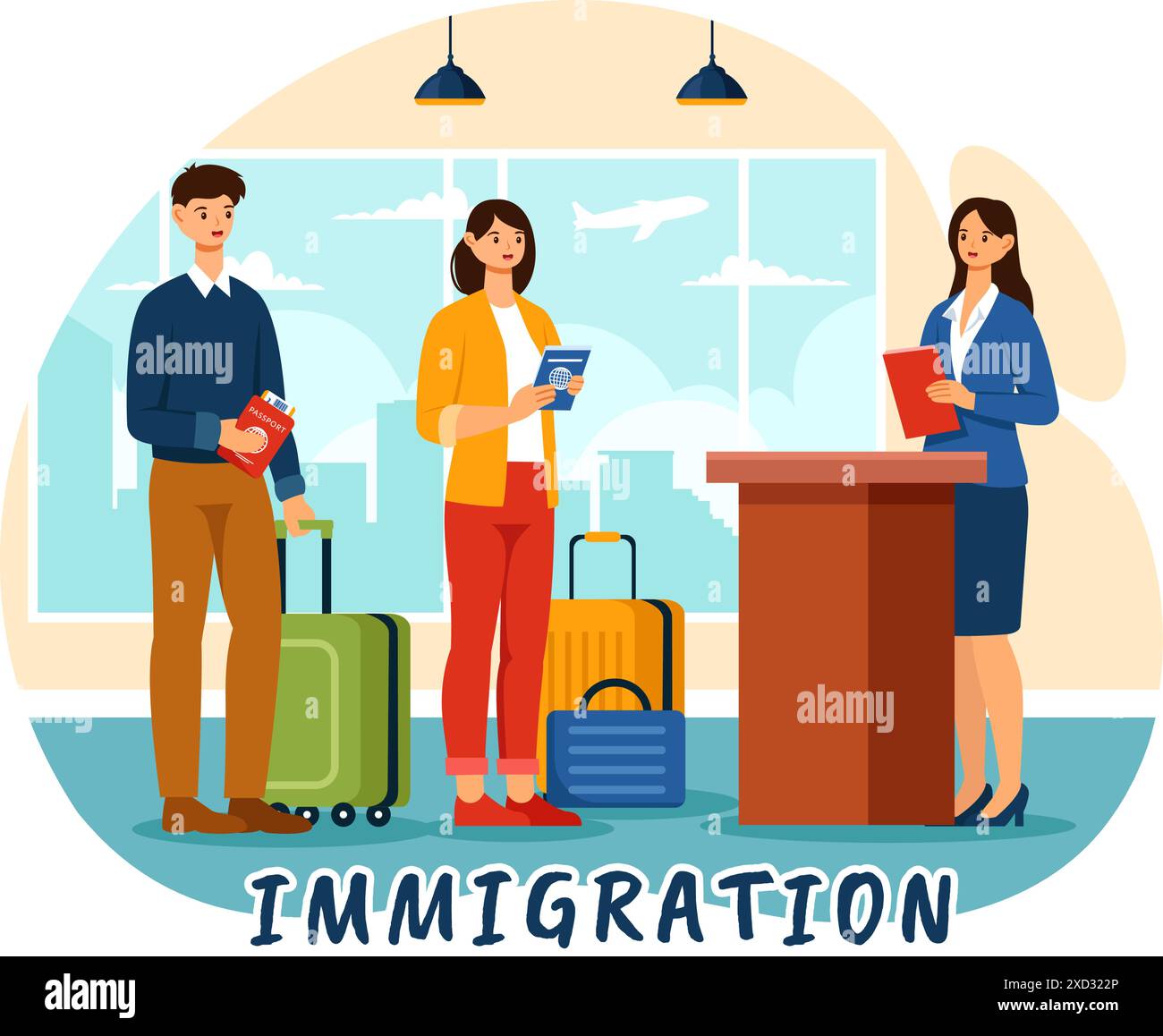 Illustration vectorielle d'immigration, mouvement des personnes avec visa de document et passeport pour la réinstallation dans un autre pays dans un fond de dessin animé plat Illustration de Vecteur