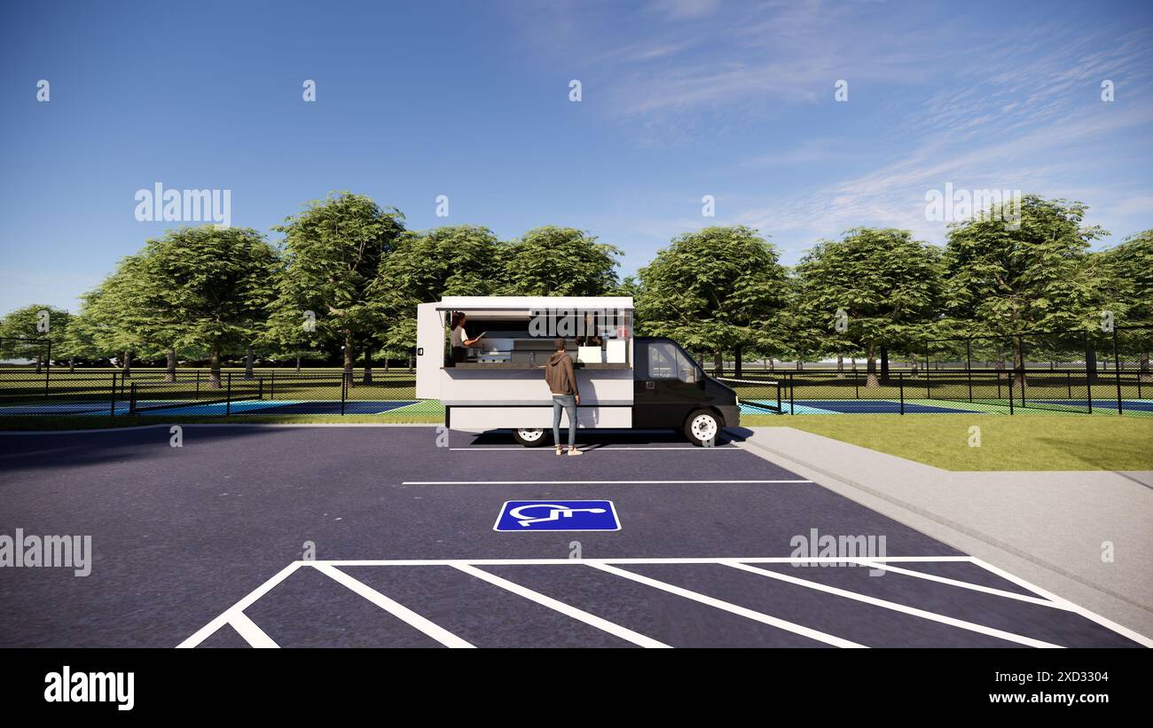 Rendu 3d camion alimentaire couleur noir et blanc. sur le parking Banque D'Images