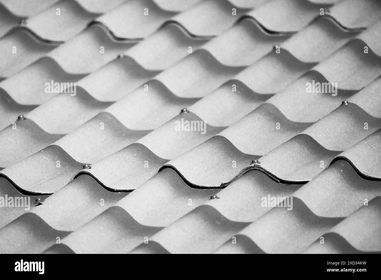 Imitation de tuiles de toit à partir de feuilles ondulées d'ardoise, gros plan de photo du toit de maison de campagne moderne, photo noir et blanc Banque D'Images