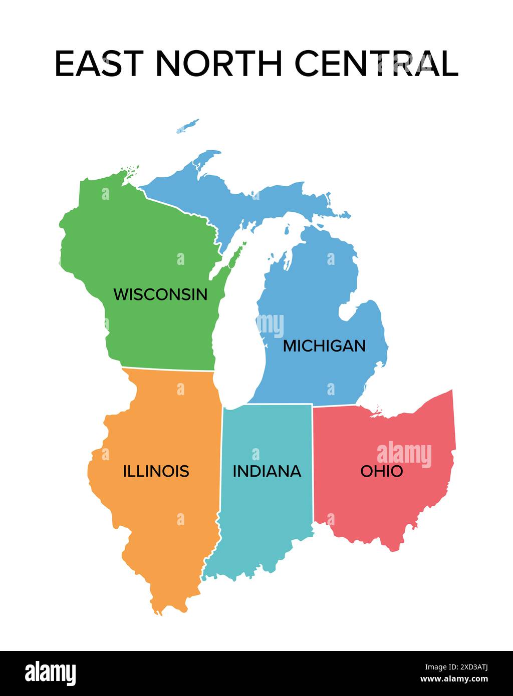 états du Centre-est du Nord, carte politique multicolore avec frontières. Division de recensement des États-Unis de la région du Midwest. Banque D'Images