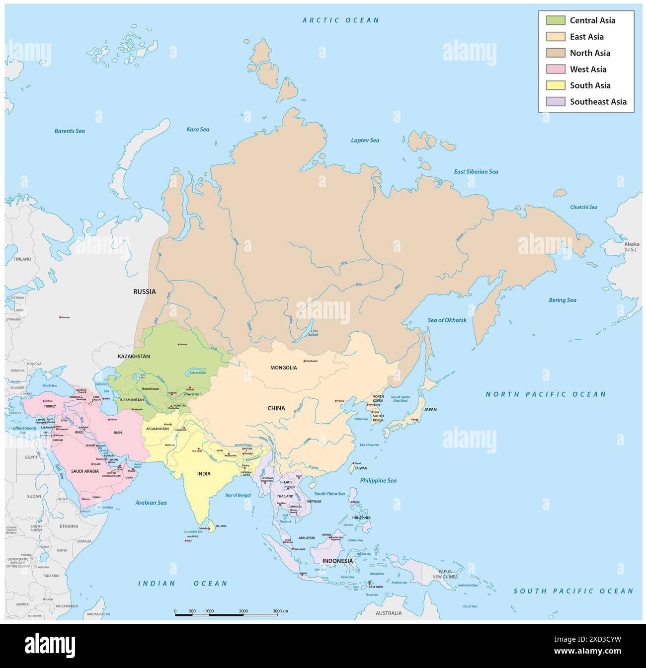 Carte vectorielle administrative de l'Asie divisée en six régions principales Banque D'Images Carte vectorielle administrative de l'Asie divisée en six régions principales Banque D'Images