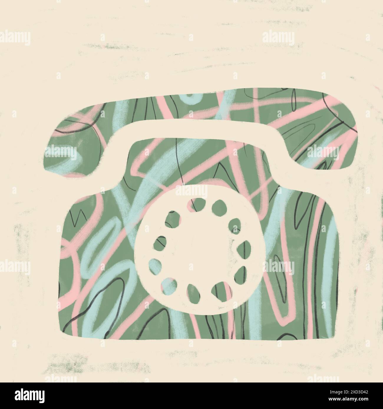 Une icône de téléphone abstrait fantaisiste placée sur un fond de motif ludique avec des teintes pastel et des lignes verticales Banque D'Images