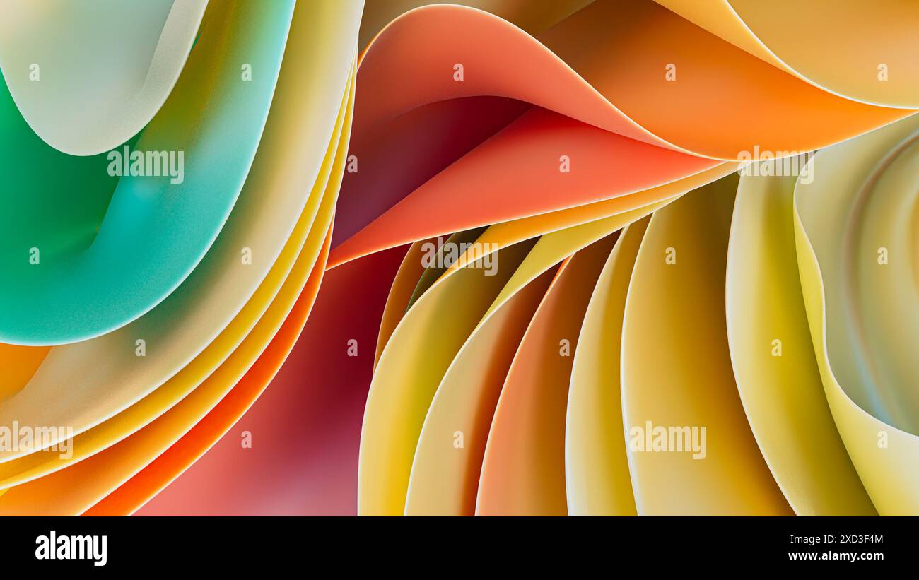 Cette image de stock présente une superbe illustration numérique de formes abstraites en couches 3D dans un mélange de tons pastel et chauds, imitant le c sophistiqué Banque D'Images