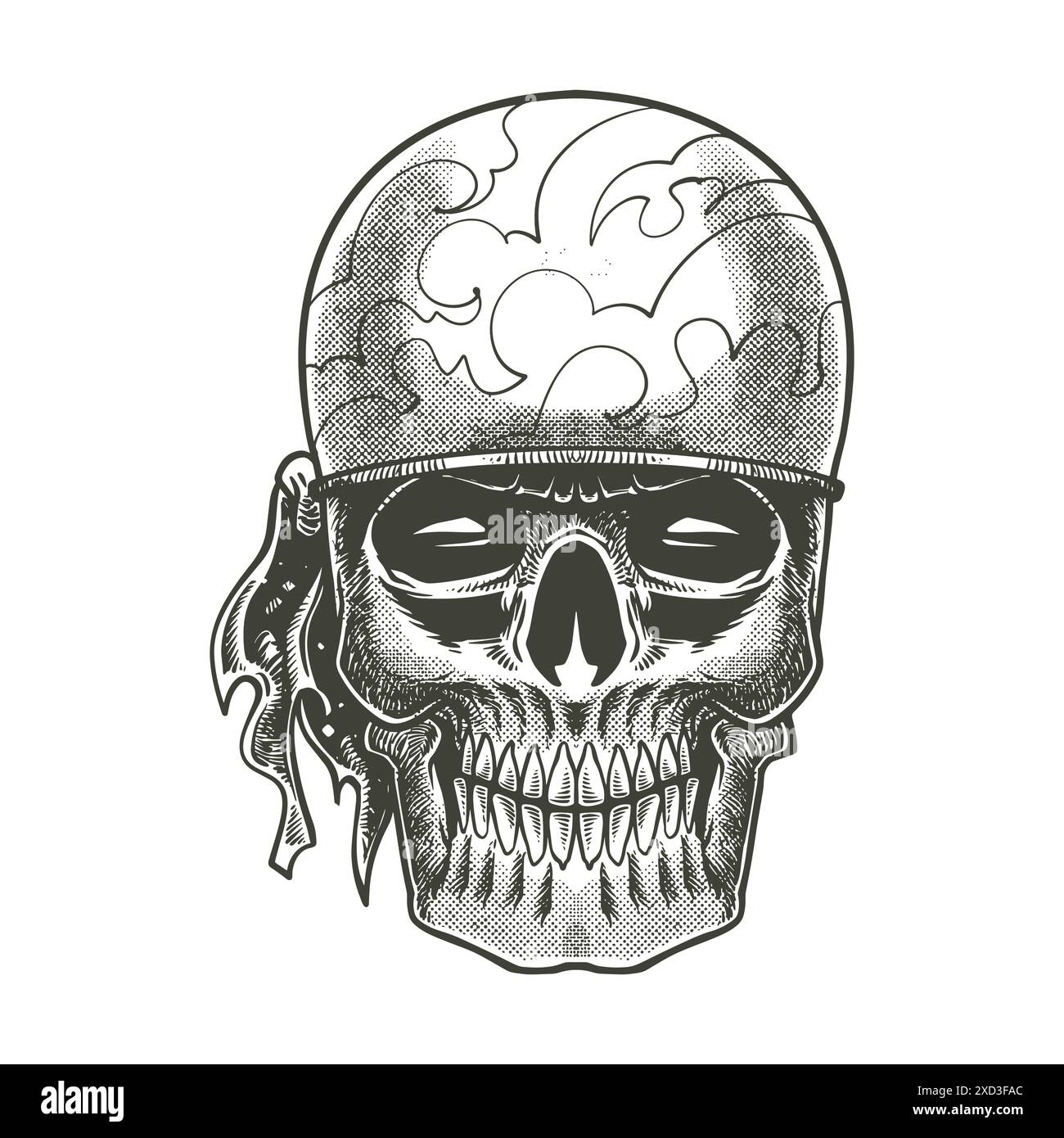 tête de crâne avec bandana dessiné à la main doodle dessin vintage dans le style blanc noir. Illustration vectorielle de concept d'équipement pirates. Illustration de Vecteur