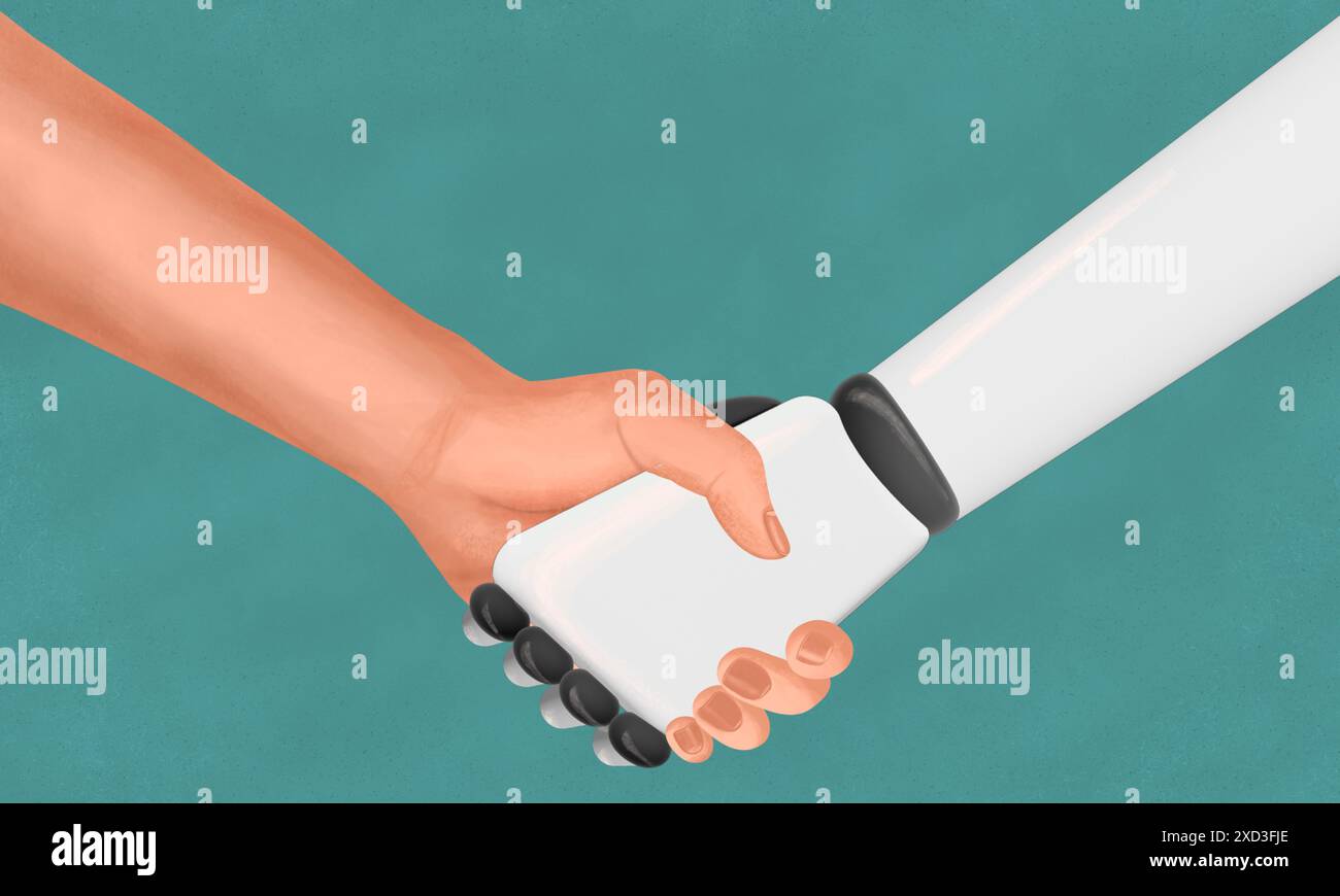 Illustration représentant une main humaine serrant une main robotique contre un fond sarcelle, symbolisant l'interaction homme-robot Banque D'Images