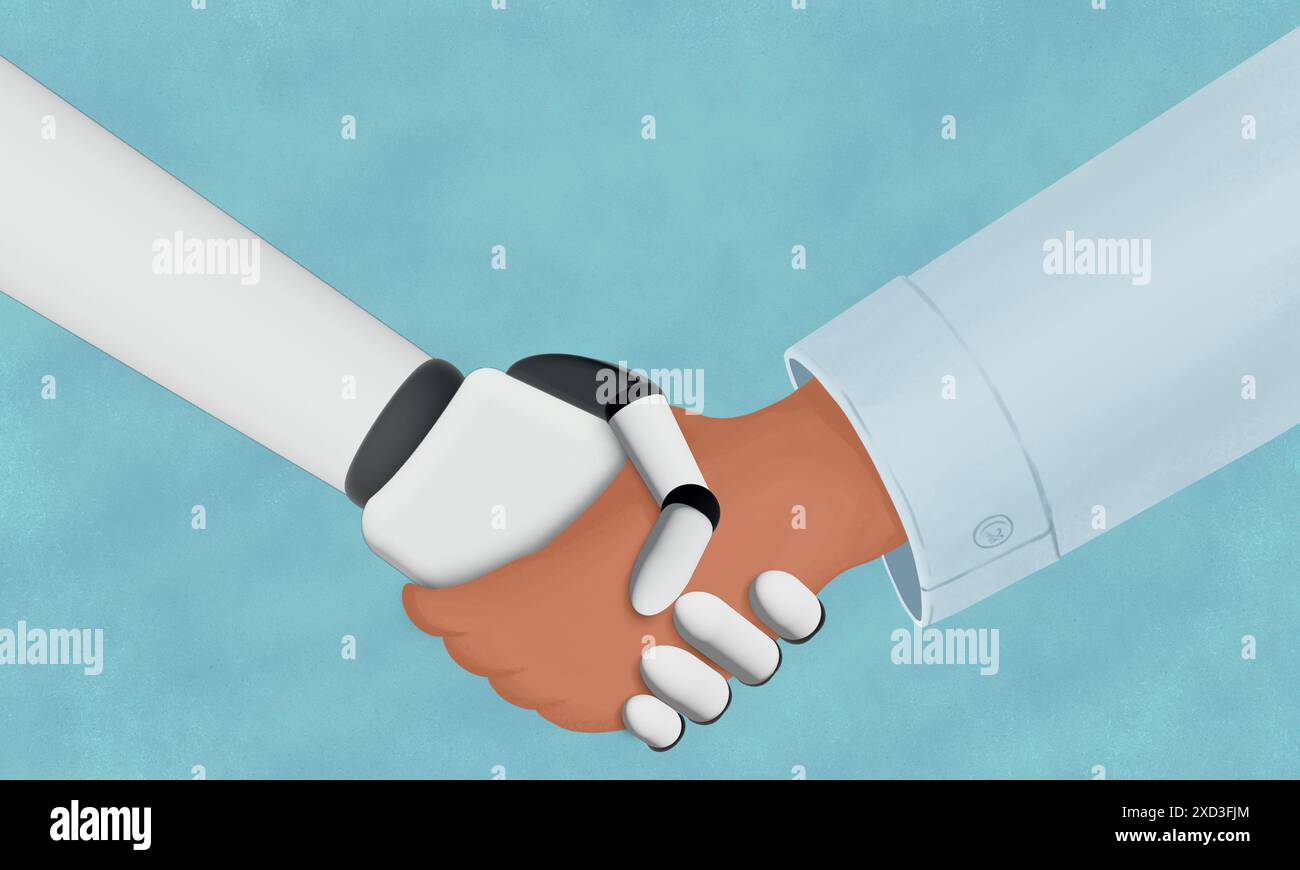 Illustration d’une poignée de main entre une main robotique numérique et une main humaine, symbolisant l’harmonie entre la technologie et l’humanité Banque D'Images