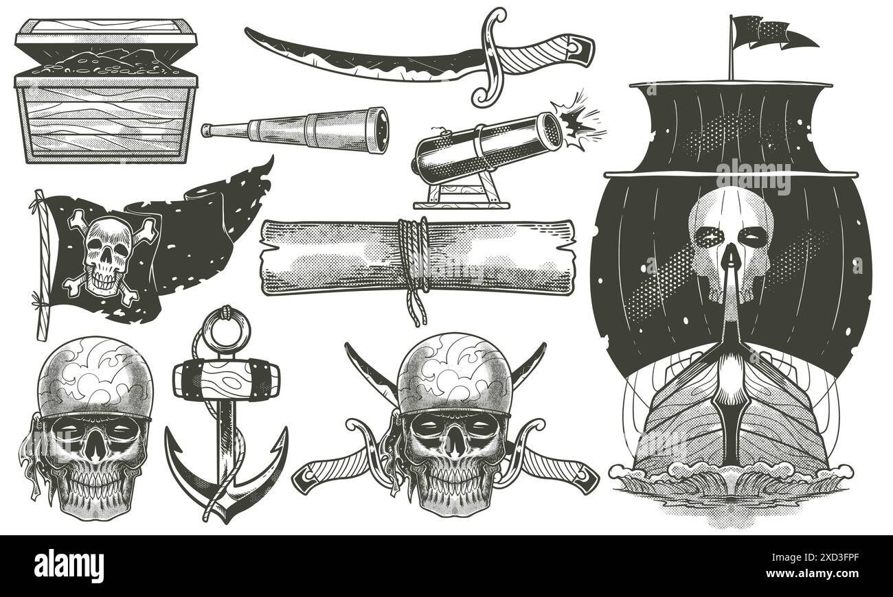 Pirates équipement mis à la main dessiné doodle dessin vintage dans le style noir blanc. Illustration vectorielle de concept d'équipement pirates. Illustration de Vecteur