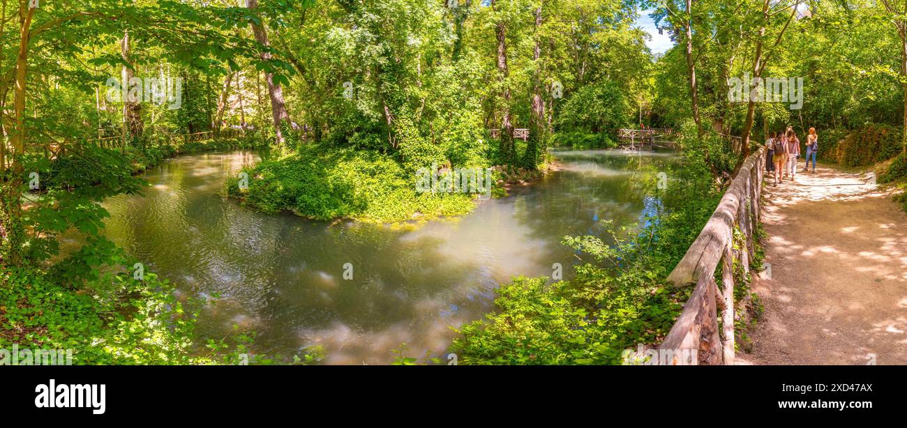 Vue panoramique sur le lac canard dans le parc naturel Monasterio de Piedra, Aragon, Espagne Banque D'Images