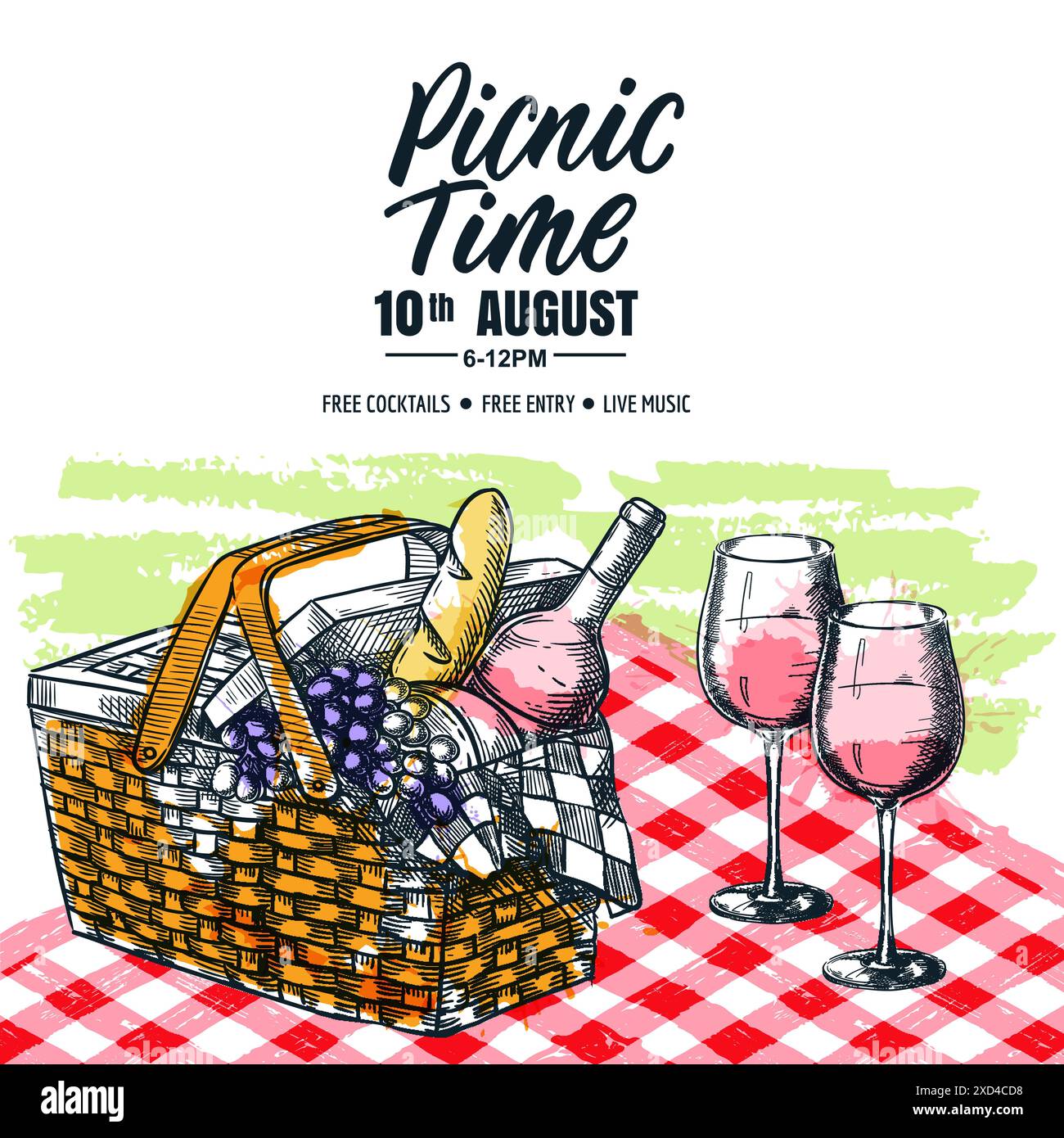 Bannière de temps de pique-nique, affiche, conception de flyer. Panier dessiné à la main, verres de vin avec texture aquarelle sur fond de nappe à carreaux rouge. Esquisse vectorielle Illustration de Vecteur