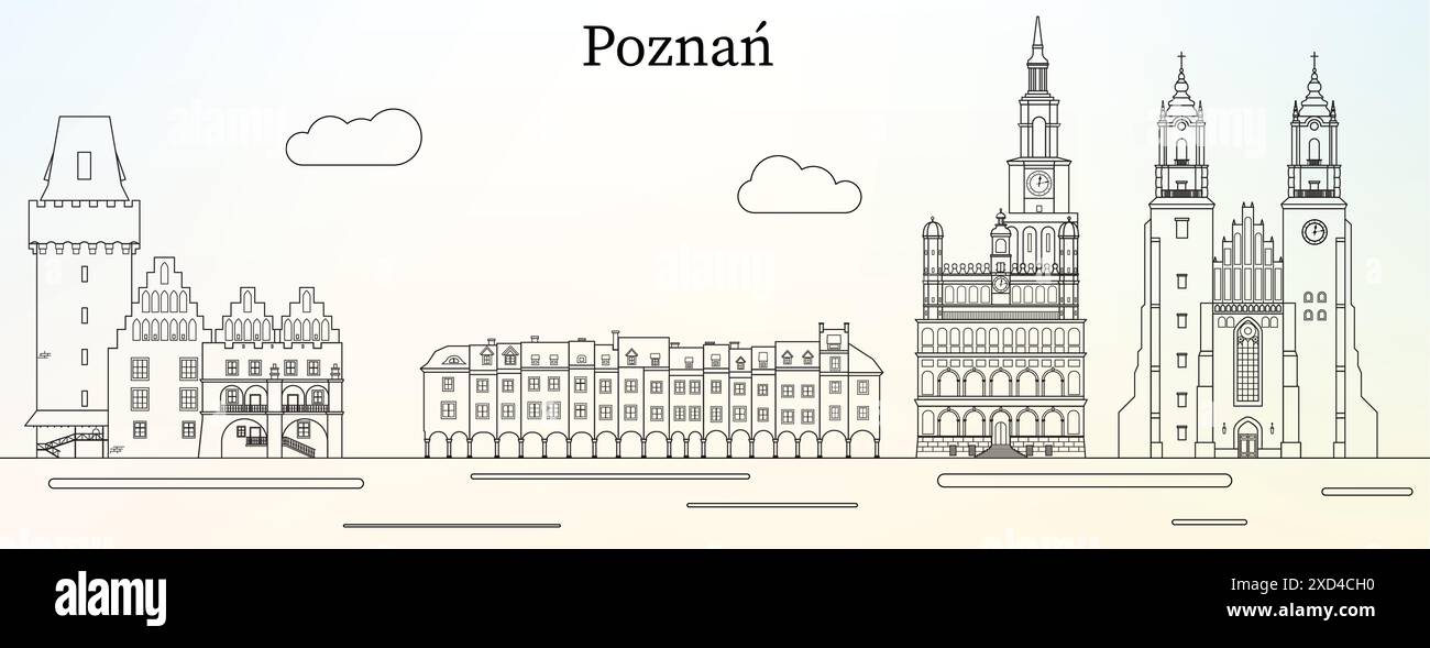 Horizon de la ville de Poznan avec les principaux monuments - illustration vectorielle d'art de ligne Illustration de Vecteur