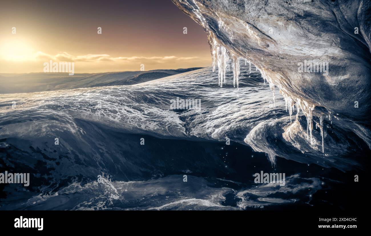 La magie du glacier Vatnajökull avec le soleil nouveau-né Banque D'Images