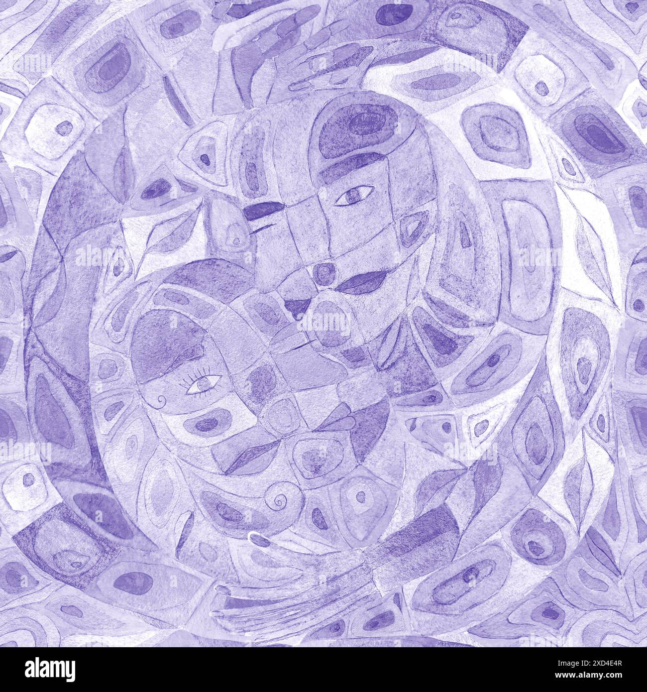 Abstrait aquarelle symbolisme multicolore fond. Motif sans couture de couleur violette dessiné à la main. Abstraction d'aquarelle. Homme, femme, yin et yang harmo Banque D'Images